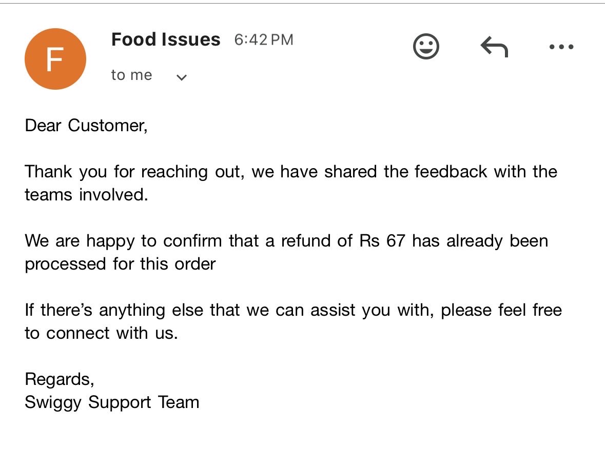 madanmohan711's tweet image. @Swiggy Ordered food during train journey (Order 236009442820690). Food was not consumable. Paid ₹200+, offered only ₹67 and now denying further refund.

This is not acceptable. I paid for a meal I couldn’t eat. Requesting full refund.

#Swiggy #CustomerExperience #FoodDelivery