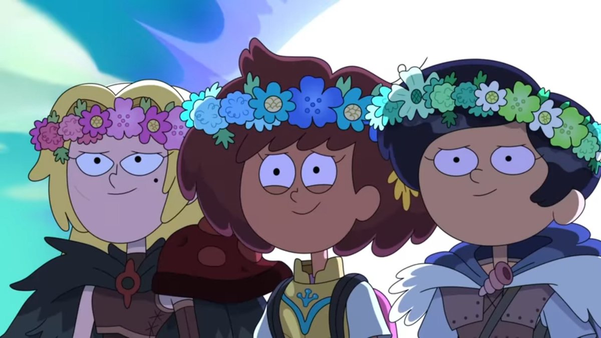 davidmarchie's tweet photo. Here's Anne, Sasha and Marcy a.k.a. Calamity Trio in thier flower hats. 💖💙💚🌸🌺 #Amphibia #leiday https://t.co/kstvUg71Bb