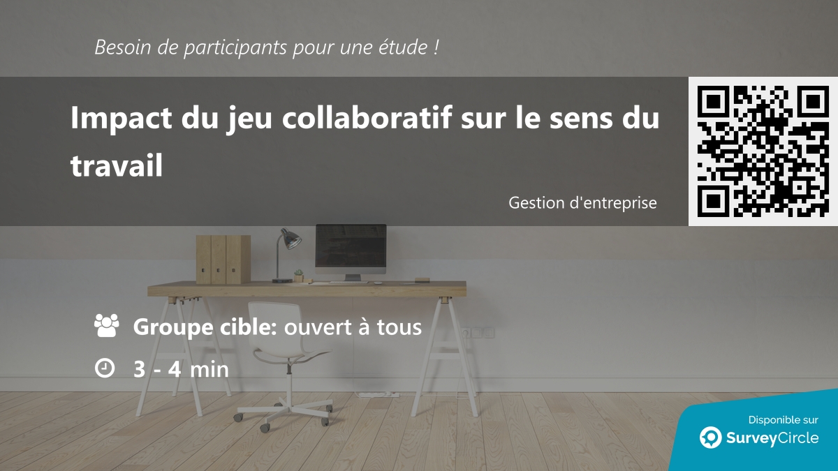 daily_research's tweet image. Recherche de participants pour une étude !

Sujet : "Impact du jeu collaboratif sur le sens du travail" via @SurveyCircle

#gamification #SensDuTravail #collaboration #jeu #enquête #surveycircle