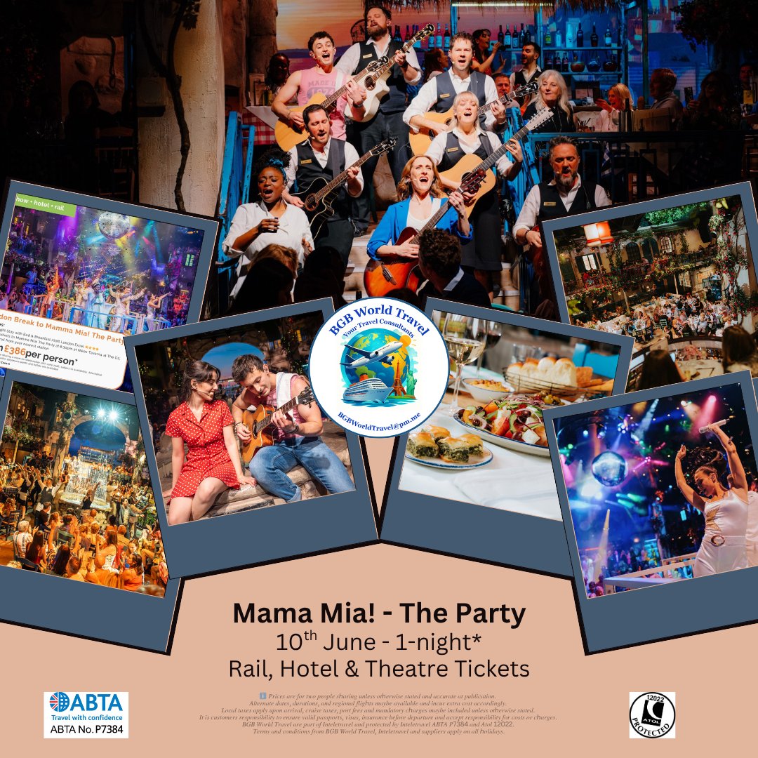 BGWTEM2024's tweet image. 🍽️🎶London Break to Mamma Mia! The Party 💷from £386𝓹𝓹*🎶🍽️
☎️07762480710
#bgbworldtravel #family #holiday #love #relax #summer #travel #travelagent #TravelTuesday #travelphotography #trip #weekend #theatre #theatreshow #staycation #hotel #mamamia #mamamiatheparty #london