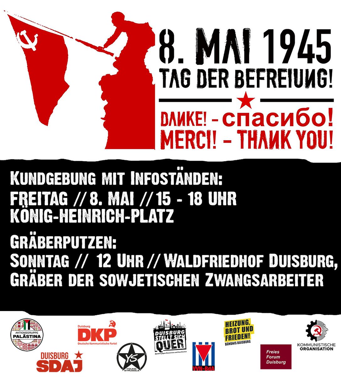 duisburg_quer's tweet photo. Anlässlich des Tages der Befreiung rufen wir in Duisburg zu Aktionen am 8. Mai und am 10. Mai auf. Kommt und nehmt an unseren Aktionen teil! https://t.co/kJ67TrPXkZ