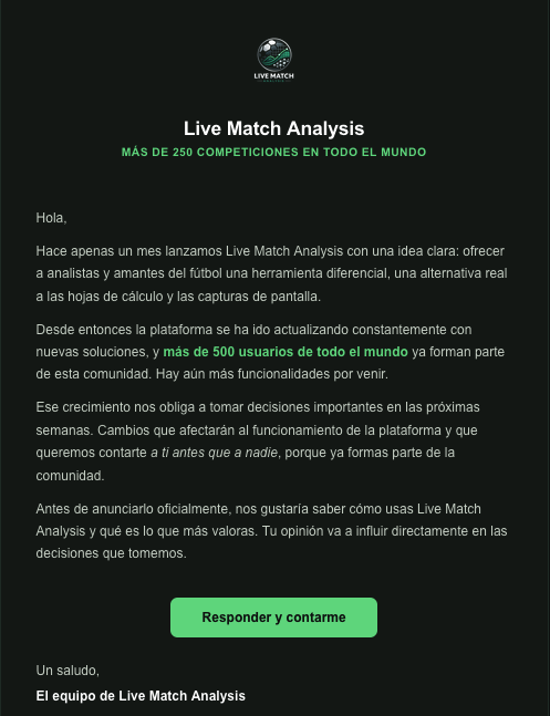 En menos de un mes, +500 analistas de todo el mundo usan Live Match Analysis cada semana.

Ese crecimiento nos obliga a tomar decisiones importantes pronto.

Si eres usuario y quieres contarnos cómo lo usas → info@livematchanalysis.com