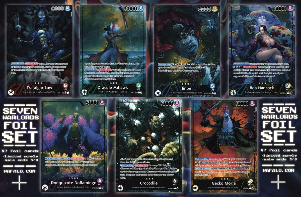 i'm tired of spending crazy amounts on the optcg, so i made my own shichibukai leader cards :>