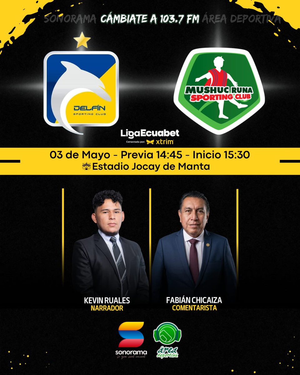 SonoramaEc's tweet photo. ¡CERRAMOS EL FERIADO! 🙌🏻⚽ Últimos encuentros de la fecha 12 de la Liga Ecuabet a través de Sonorama y Área Deportiva 103.7 FM: 

▶️ MACARÁ vs ORENSE - 13:00 

▶️ DELFÍN vs MUSHUC RUNA - 15:30 

▶️ LEONES FC vs EMELEC - 17:00 

Sigue cada partido en todas nuestras plataformas 📻🖥️📱. 

#sonorama #areadeportiva #ligapro #ligaecuabet