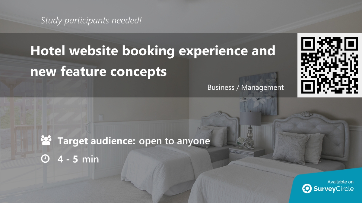 daily_research's tweet image. Participants needed for online survey!

Topic: "Hotel website booking experience and new feature concepts" via @SurveyCircle #HU_Utrecht

#hotel #RadissonHotels #concept #testing #ExperienceDesign #design #NewFeature