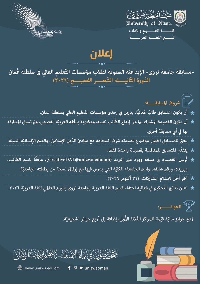 unizwaoman's tweet photo. إلى الأقلام الواعدة التي ترسمُ غد عُمان بمداد الإبداع..

تعلن #جامعة_نزوى، ممثلةً في كلية العلوم والآداب - قسم اللغة العربية، عن انطلاق الدورة الثانية من "مسابقة جامعة نزوى الإبداعية السنوية" لعام ٢٠٢٦م، وذلك في مِضمار "الشعر الفصيح". 📜✍️

دعوةٌ لكل طالبٍ شغوف يمتلك ناصية البيان، ليخطَّ بمدادهِ قصيدةً تفيضُ عذوبةً وقِيماً.

📍 أبرز التفاصيل:
• الفئة المستهدفة: طلبة مؤسسات التعليم العالي في سلطنة عُمان.
• آخر موعد للمشاركة: ٣١ أكتوبر ٢٠٢٦م.
• طريقة التقديم: تُرسل المشاركات بصيغة (Word) إلى البريد الإلكتروني:
📧 CreativeDAL@unizwa.edu.om