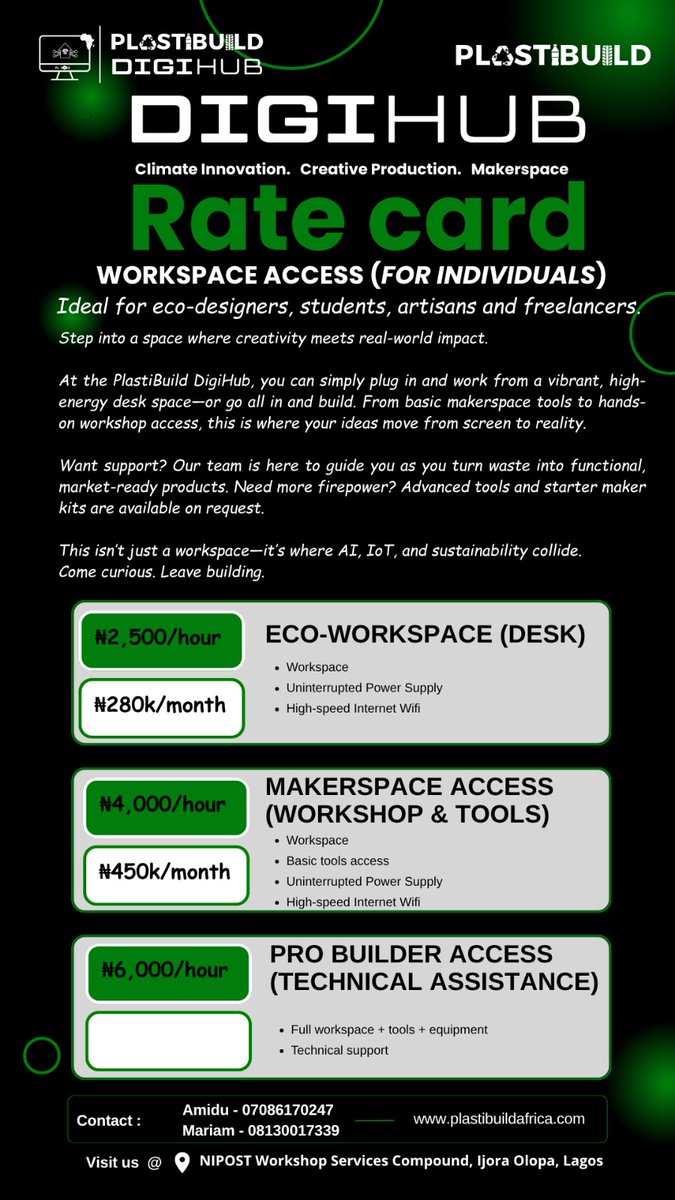 Amidu_Climate's tweet photo. This is not your regular workspace.
This is where ideas become products and waste becomes value.
Where actions speak louder than voice.
Daily. Weekly. Monthly.
Choose your access. Build your future.
#PlastiBuildAfrica 
#PlastiBuildDigiHub
#digihub https://t.co/vKPwByGE5m
