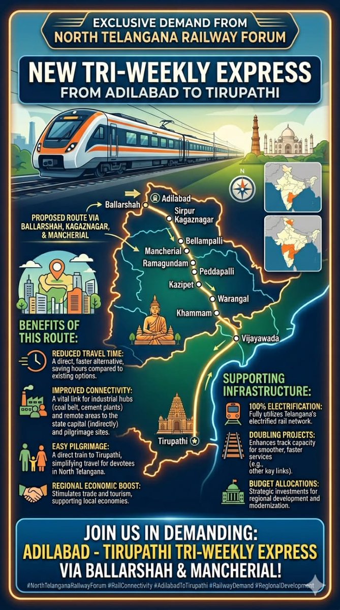 NTForum1's tweet photo. Pitline at Adilabad Railway Station is completed , North Telangana Railway Forum Proposed  for the introduction of new Adilabad to Tirupathi Triweekly SF Express via Majrikadhan - Balharshah - Sirpur Kagaznagar - Mancherial - Peddapalli - Warangal - Vijayawada - Gudur- Renigunta https://t.co/0jJ6O7JkUQ