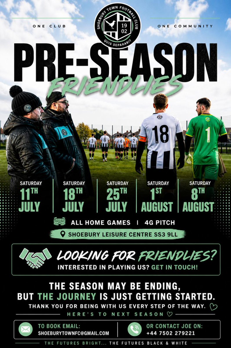 ShoeburyTownFC's tweet photo. Although still a few games of our season to go planning for next season is in full flow! 

If you are interested in a fixture see details below or drop us a DM

Looking for @eofl Div 2-4 or equivalent level opponents

#preseason #friendlies #upthetown @NonLeagueCrowd @Jlmarsh1987 https://t.co/Q7RDEKvedr