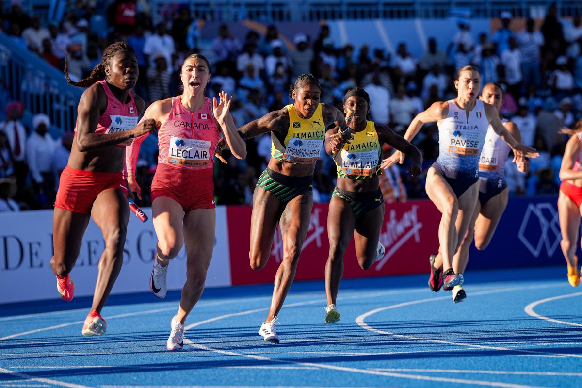 WorldAthletics's tweet photo. GOLDEN SPEED IN GABORONE ✨

🇯🇲 Jamaica speed queens take gold in the women’s 4x100m at the #WorldRelays 🔥

🇨🇦 Canada smash the national record for silver and 🇪🇸 Spain storm to bronze https://t.co/OL2A52JWN9