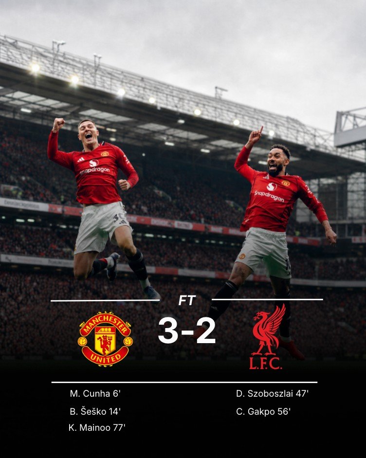 OMFofficial's tweet photo. Derby drama never disappoints.

Manchester United 3-2 Liverpool 🔴⚽

United survive at Old Trafford after a wild derby, with a controversial Šeško goal adding even more fuel to a result that will be talked about for days. 👀

#manunited #Liverpool #derbyday #PremierLeague https://t.co/tbi2jnnmjh
