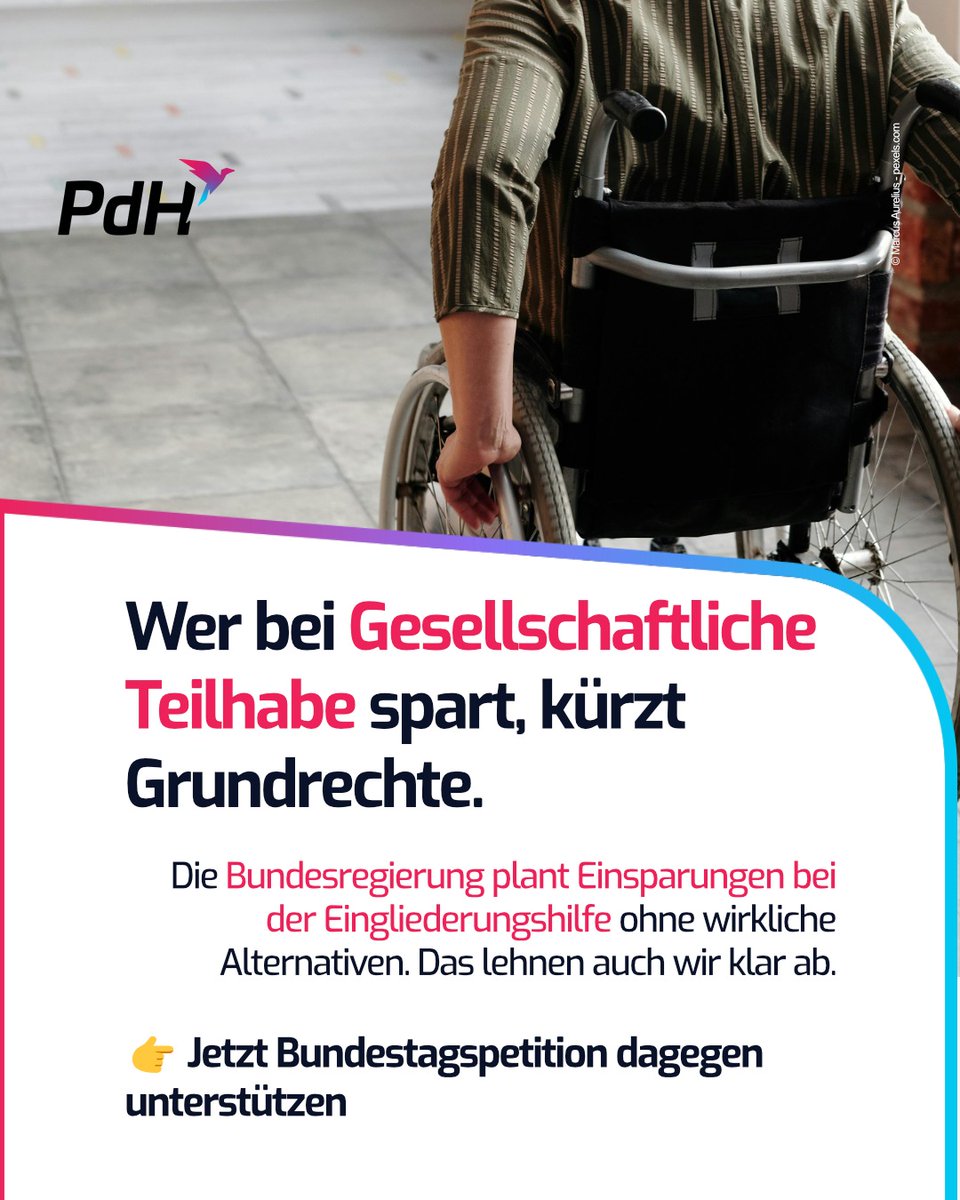 pdh_eu's tweet photo. Teilhabe ist ein Grundrecht. Kein Sparposten.

Die Bundesregierung diskutiert derzeit Einsparungen bei der Eingliederungshilfe. Für viele Menschen mit Behinderungen würde das weniger Unterstützung, weniger Selbstbestimmung im Leben und weniger gesellschaftliche #Teilhabe bedeuten https://t.co/wcXVJz7nAG