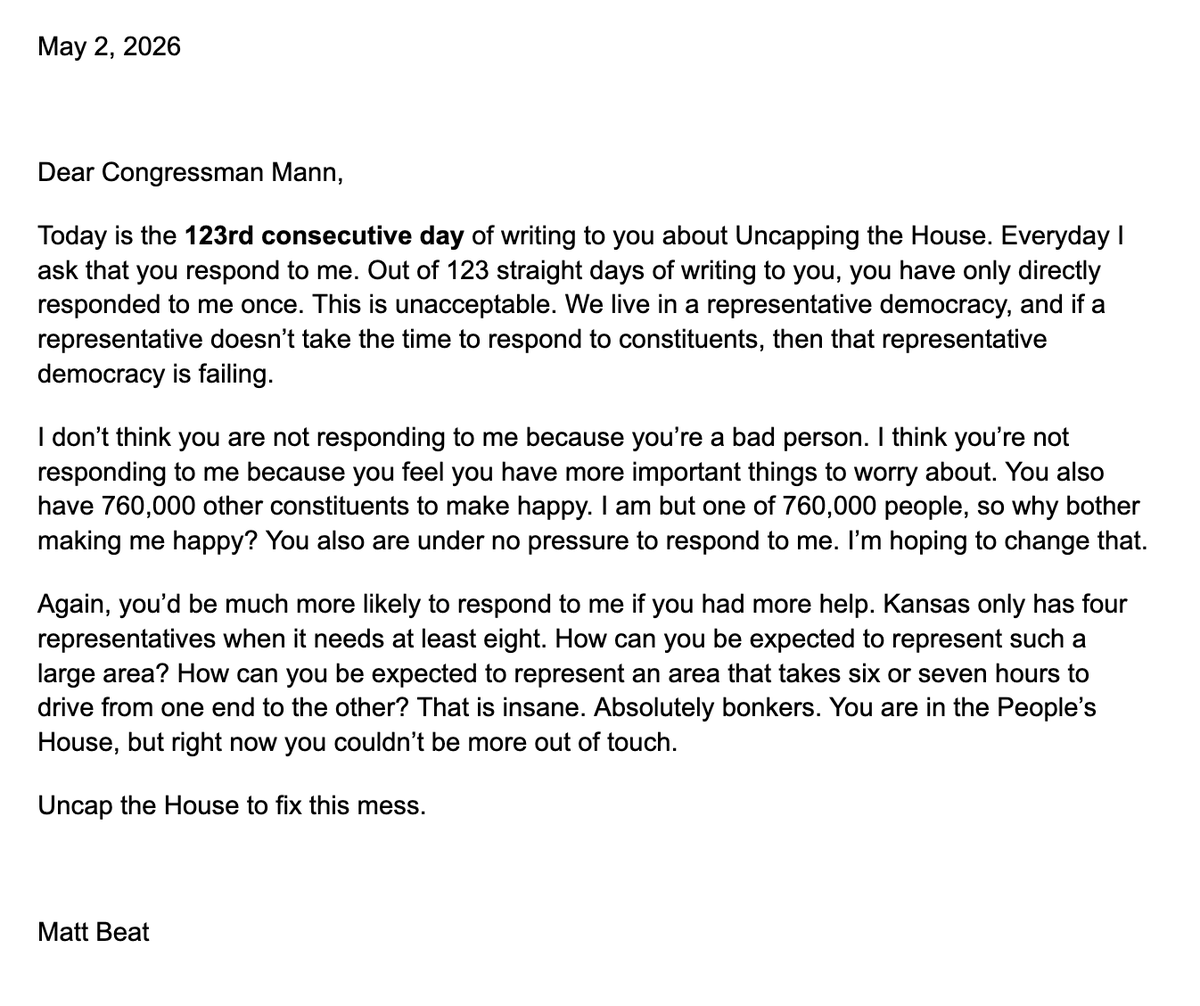 beatmastermatt's tweet photo. Day 123 of Project No Cap.
Yes, I'm still writing @RepMann every single gosh darn day. Cope and seethe you woke liberals. https://t.co/OZcKnHfEsk
