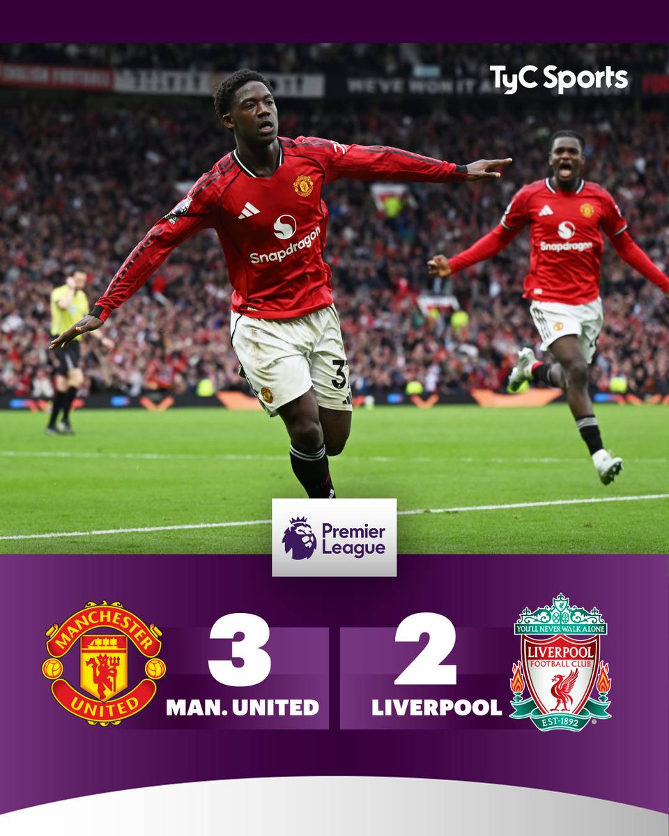 TyCSports's tweet image. ¡EL DERBY SE QUEDÓ EN MANCHESTER! 🔴

Con goles de Cunha, Šeško y Mainoo, #ManchesterUnited venció 3-2 al #Liverpool por la fecha 35 de la #PremierLeague. Los Reds habían igualado parcialmente gracias a los tantos de Szoboszlai y Gakpo. Alexis Mac Allister disputó todo el