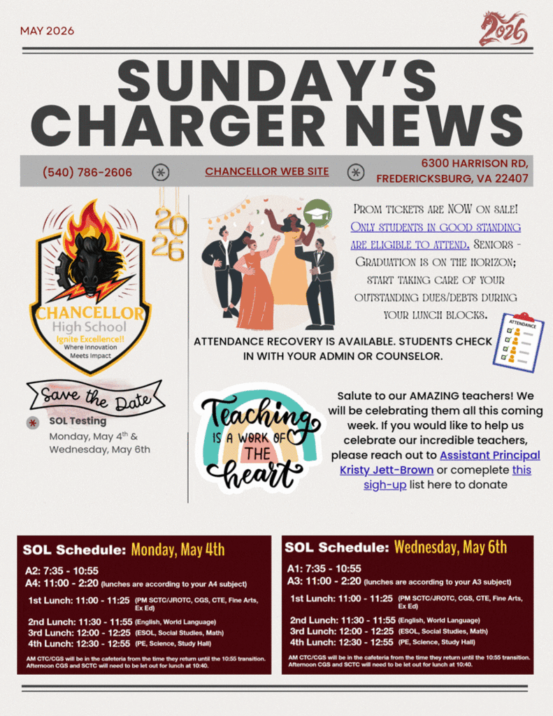 ChancellorHS's tweet photo. Sunday Communication 5/3/2026

Please check the website or your email for details and links. https://t.co/9UkZQ8EM3U
