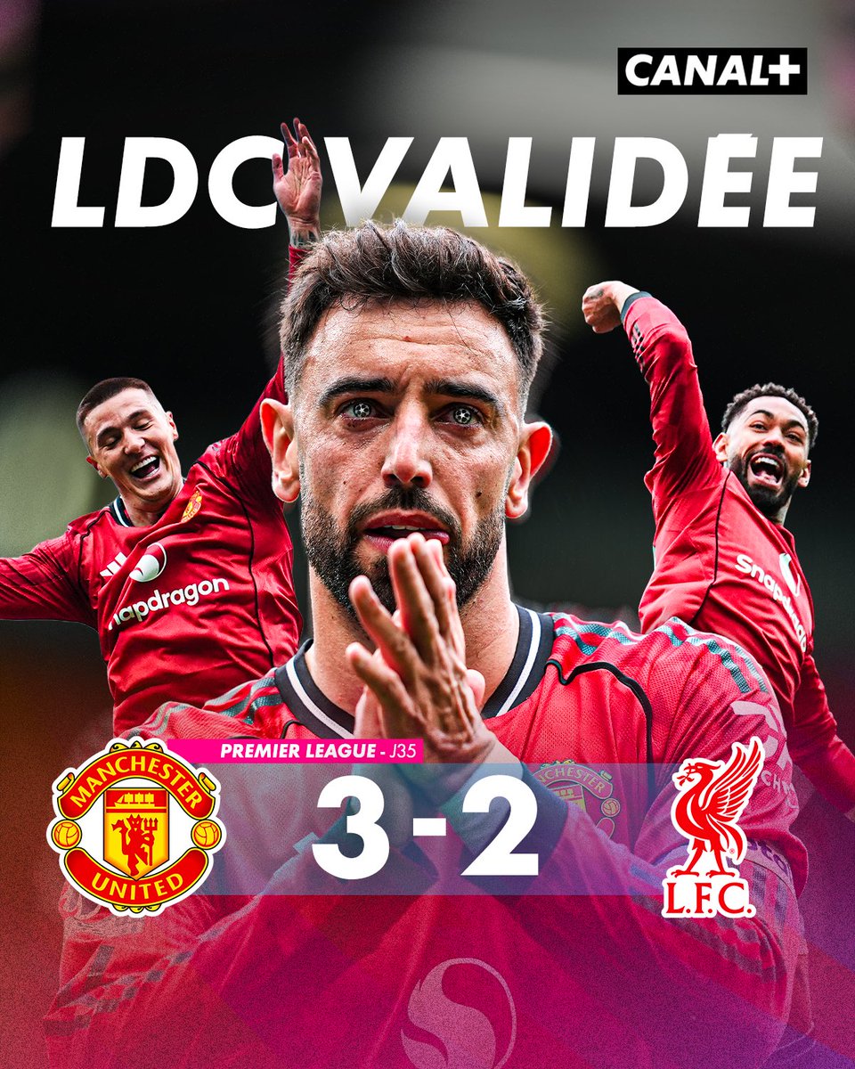 CanalplusFoot's tweet image. 🔥 MANCHESTER UNITED OFFICIELLEMENT EN LIGUE DES CHAMPIONS LA SAISON PROCHAINE
 
Après avoir mené 2-0 et s’être sabordés, les Mancuniens battent Liverpool à Old Trafford pour la première fois depuis 2022 en PL et sécurisent leur place en LDC la saison prochaine.
 
#PremierLeague