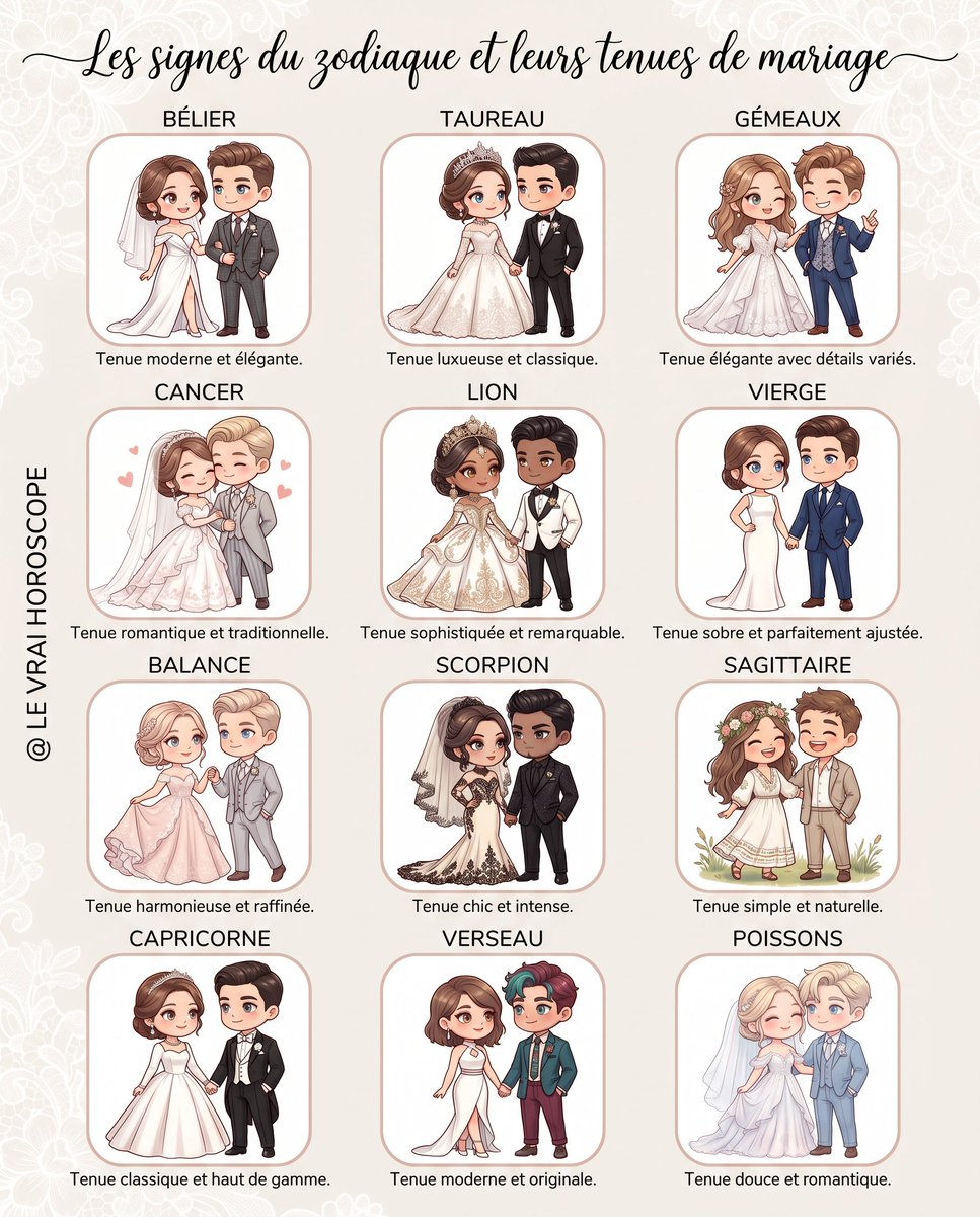 LeVraiHoroscope's tweet photo. 💒 LES SIGNES DU ZODIAQUE ET LEURS TENUES DE MARIAGE

Robe de princesse, costume élégant, style bohème ou look moderne… chaque signe du zodiaque a une vision bien à lui du mariage parfait, et cela se reflète dans le choix de sa tenue. 👰🤵✨

#Astrologie #Zodiaque #Horoscope https://t.co/vULVjyBQcG