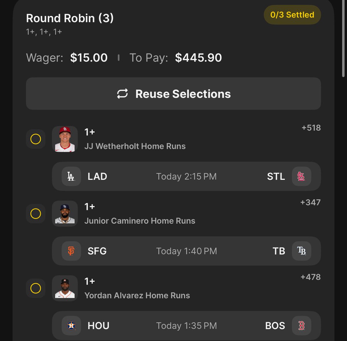 ClarenceBets's tweet image. 5/03 MLB Home Run Parlay and RR

RR +2877 .38u

Lay +15867 .125u

#mlb #boost #prop #parlay #sgp #ev #wager #boost #sharp #clarencebets #promo #homerun #freepicks #dinger