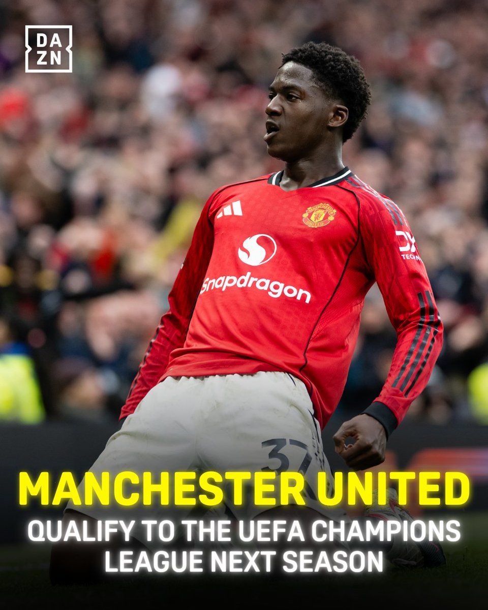 DAZNFootball's tweet image. THEY’VE DONE IT 🔴

Manchester United beat Liverpool 3-2 thanks to a 77th-minute Kobbie Mainoo winner and secure Champions League football for next season! #PremierLeague