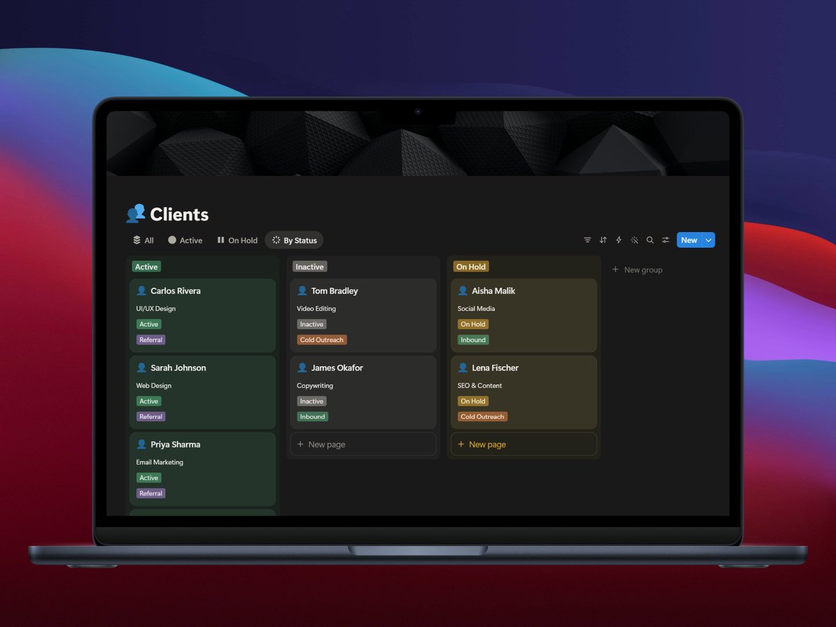 NiamulNotizj's tweet image. Day 5 🔨
This is just the client's view.
Active, inactive, on hold — every client organized at a glance.
There's a lot more inside.
Full thing drops tomorrow. 👀
#Notion #buildinpublic #freelancer #NotionTemplate"
