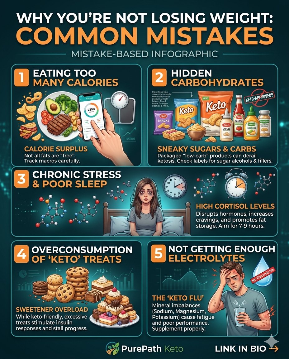 Dream747378156's tweet image. Not losing weight on keto? These 5 mistakes could be holding you back 👇

1️⃣ Too many calories
2️⃣ Hidden carbs &amp;amp; sugars
3️⃣ Stress + poor sleep
4️⃣ Overdoing keto treats
5️⃣ Low electrolytes
Small fixes = big results 🔥
Which one surprised you most? 👀
#Keto #WeightLoss #FatLoss