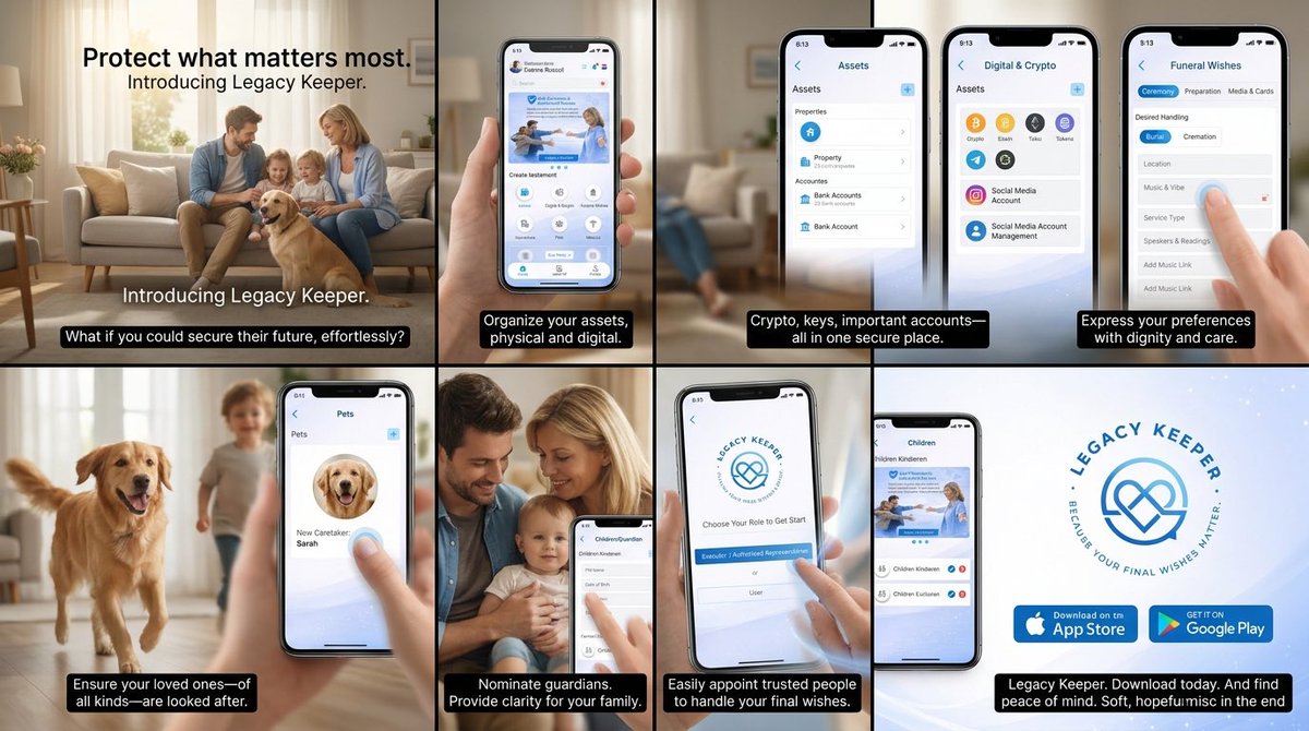 LegacyKeeperApp's tweet image. Legacy Keeper: securely store your legacy. 🔐 100% local storage, no cloud, no hacks. Everything organized for you and your loved ones. Coming soon on the App Store &amp;amp; Google Play. #lastwill #app #testament #legacykeeper #legacy #lauch #appstore #googleplay