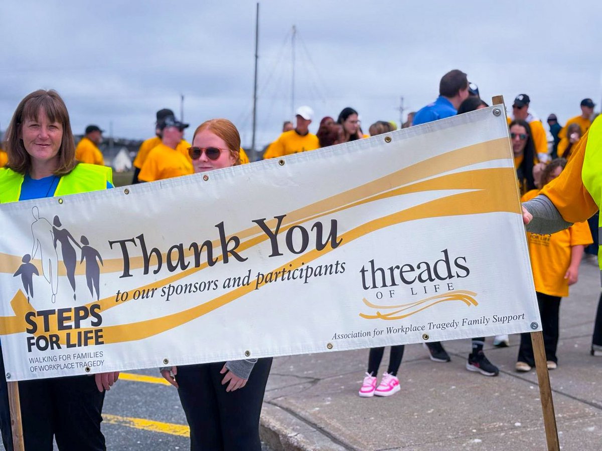 GS_GovNL's tweet photo. Today in NL, we walk in remembrance of workers and in solidarity with their families. #StepsForLife reminds us that workplace safety is about people. Safer communities start with safe workplaces and every worker deserves to come home safe and sound. #ThreadsOfLife #SafetyFirst https://t.co/4OnpDnMM3l