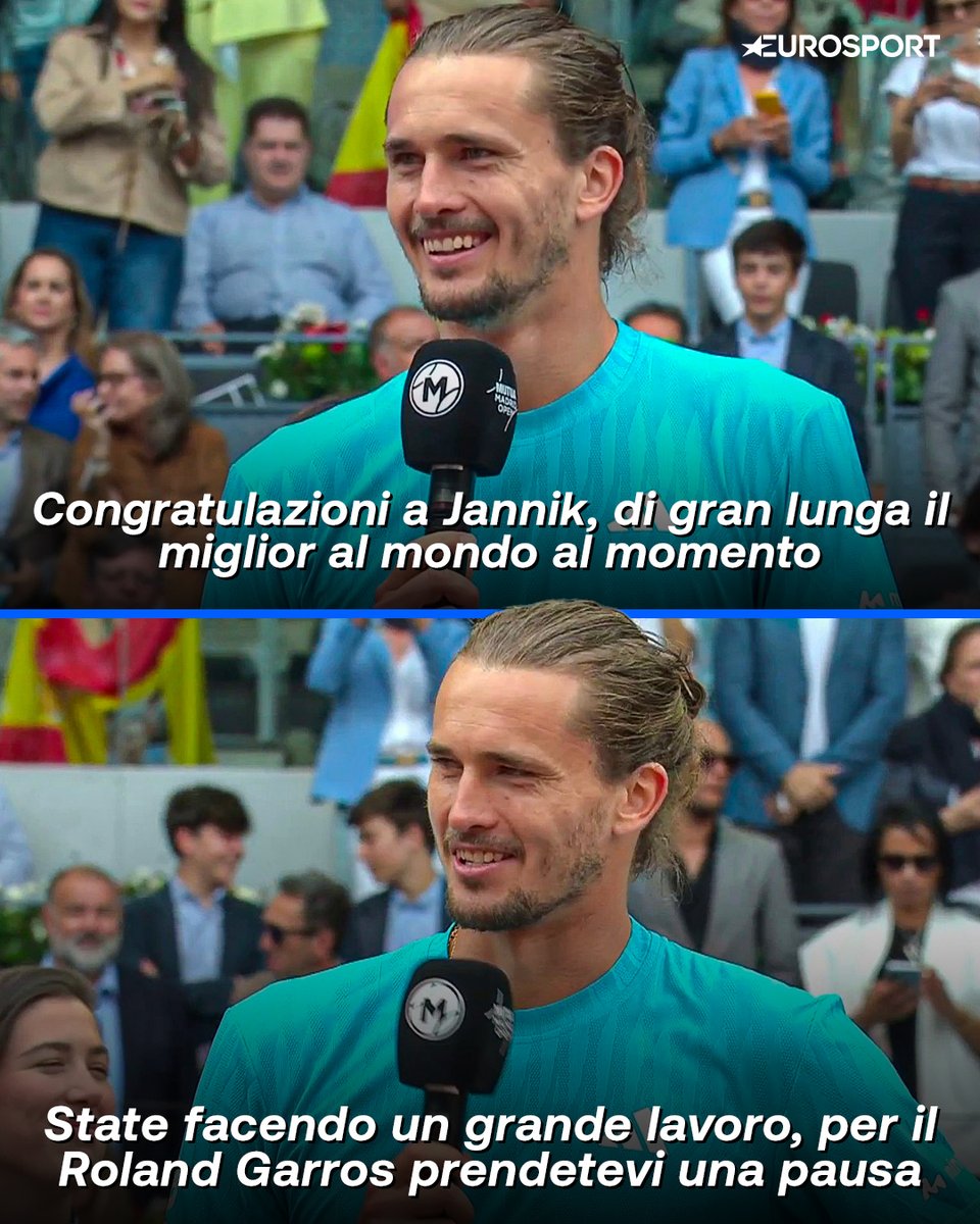Eurosport_IT's tweet image. I complimenti di Zverev per Sinner, con anche una piccola richiesta per il Roland Garros 😂👏

#Tennis #Madrid #Sinner #Zverev