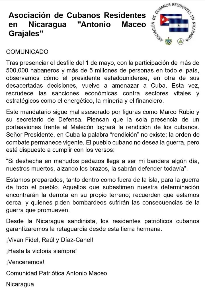 embacubanic's tweet photo. Cubanos residentes en #Nicaragua reafimran su respaldo a la Revolución cubana.
#CubaNoEstáSola https://t.co/MjlWjL3Ktx