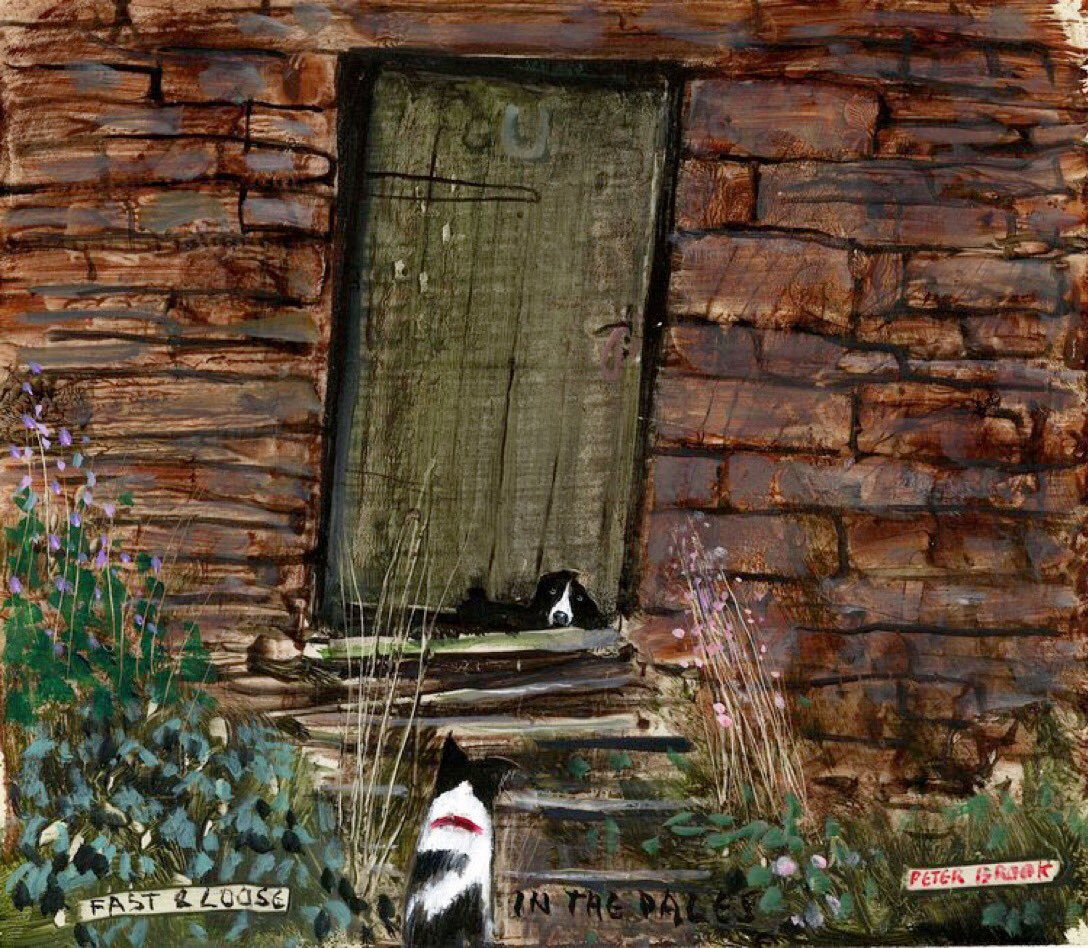 PennineThe's tweet photo. A border collie appears in most of Peter Brook’s later work, as an integral part of the man-and-dog motif or peeping underneath a farmyard door. In ‘Fast &amp; Loose - In the Dales’ we see Shep, readily recognisable from his distinctive chevron markings, and a less fortunate canine. https://t.co/qjzFAi8E1o