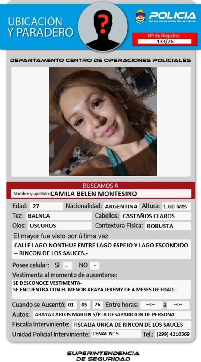 UNA MUJER DE 27 AÑOS DESAPARECIÓ CON SU BEBÉ DE 4 MESES EN NEUQUÉN

Camila Belén Montesino y su hijo Carlos fueron vistos por última vez el viernes 1 de mayo. Las autoridades activaron la Alerta Nati, un protocolo especial de búsqueda, para intentar ubicar al menor.

la mujer