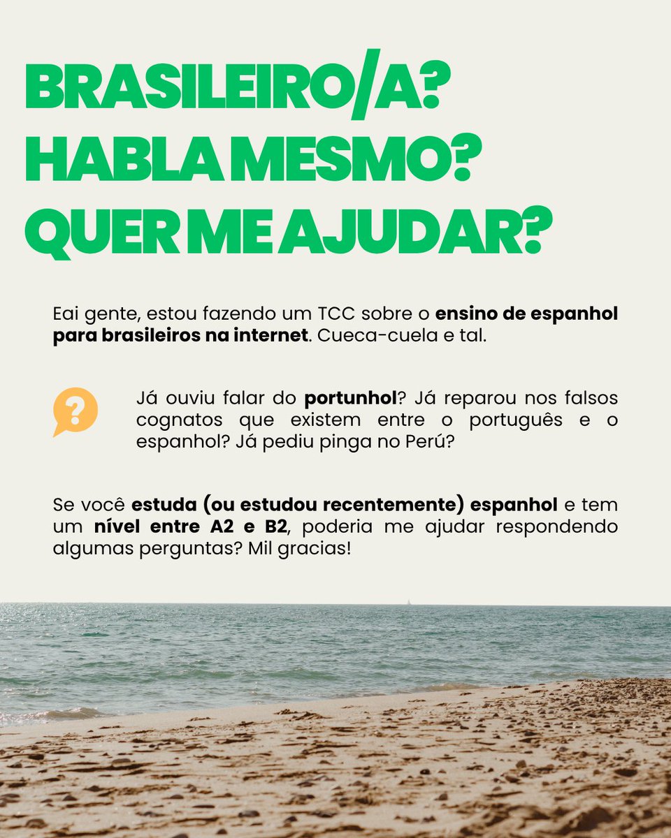 danielartiaga_'s tweet photo. Brasileiro/a? Habla mesmo? Quer me ajudar?

Eai gente, estou fazendo um TCC sobre o ensino de espanhol para brasileiros na internet. Cueca-cuela e tal.

Se você estuda (ou estudou recentemente) espanhol, poderia me ajudar respondendo algumas perguntas? 
👉 https://t.co/3NhAT3n5fB https://t.co/ZJRRIKSa42