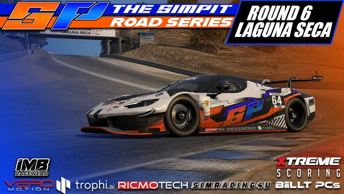 TheSimpit's tweet image. LIVE in 1 hour.

Round 6 at Laguna Seca 🌪️
Both Shaun &amp;amp; Ameer back. Quali starts immediately.
🕥 10:45 AM PST
🎥 youtube.com/watch?v=8VOKFf…

#SimRacing #iRacing #GT3