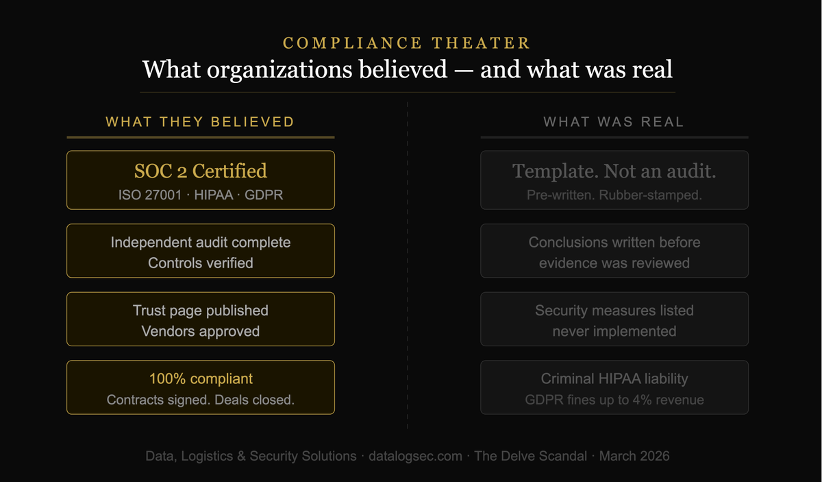DataLogSecSolut's tweet image. A $300M compliance startup. Fake SOC 2. Fake HIPAA. Hundreds of organizations exposed.

The Delve scandal is what happens when governance is theater.

Full breakdown: datalogsec.com/blog

#AIGovernance #Compliance #CyberSecurity