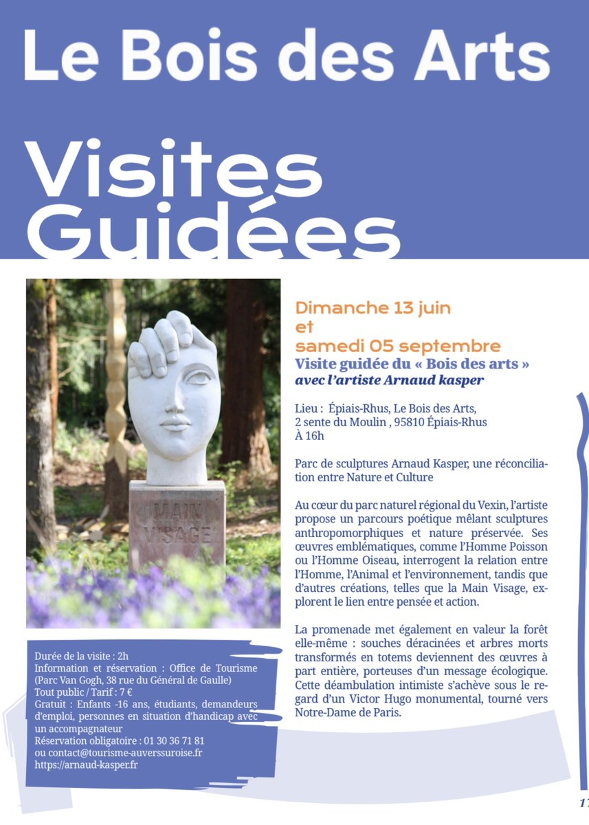 arnaudkasper's tweet photo. Venez profitez du Le Bois des Arts
Dimanche 13 juin 2026 à 16h
Samedi 05 septembre 2026 à 16h
Durée de la visite : 2h
Tout public / Tarif : 7 € ( tarifs délibérés de l’office)
Réservation obligatoire : 01 30 36 71 81
ou contact@tourisme-auverssuroise.fr
https://t.co/Tun4R21yG4 https://t.co/RuaSmCDos8