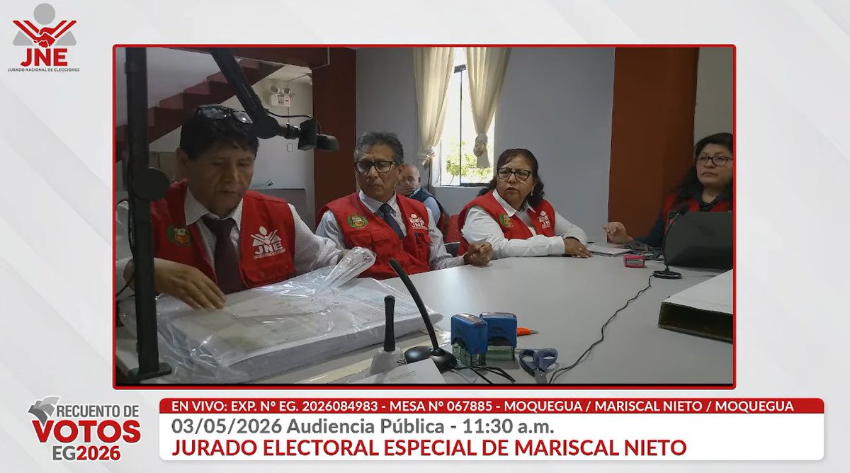 JNE_Peru's tweet image. #EnVivo | #EG2026
Audiencia pública de recuento de votos de actas observadas.
📍Jurado Electoral Especial de Mariscal Nieto ⚖️.
Mesa de sufragio N° 067885 / Moquegua – Mariscal Nieto - Moquegua.
👉 youtube.com/live/UDOVPOZY-…

#RecuentoTransparente #TuVotoSeRespeta