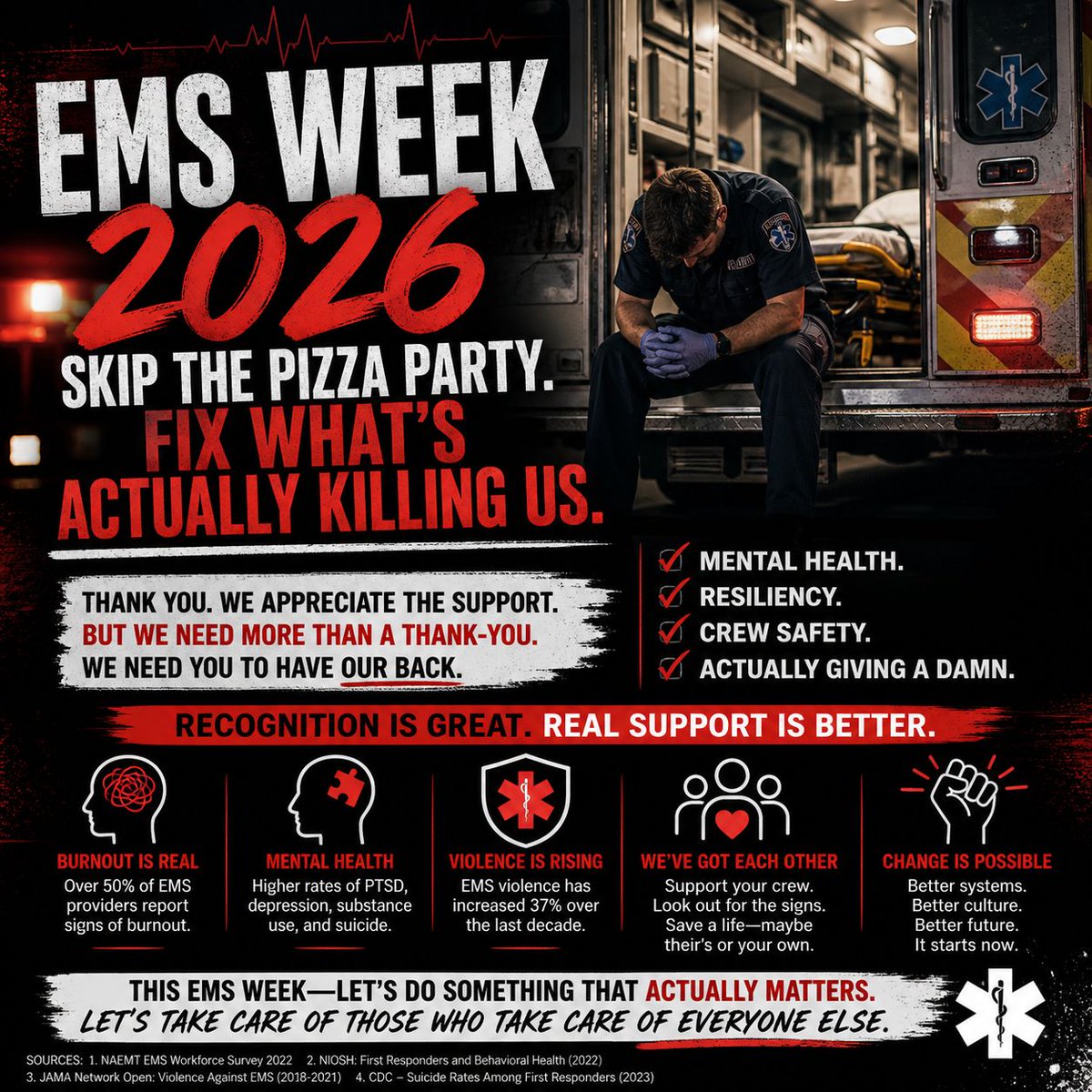 1stRespBrain's tweet image. EMS Week isn’t pizza—it’s fixing burnout, violence, and broken systems. Read more: tinyurl.com/FRB-emsweek2026
 #EMS #EMSWeek