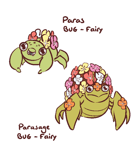 ProfBoxwood's tweet photo. A rare variant of Paras found deep in tropical regions away from human contact, they're born without traces of the usual parasitic spores. It's believed that these Paras evolve with a corsage of Comfey flowers. 
#pokemon #fakemon https://t.co/DOu8Tjcg3C