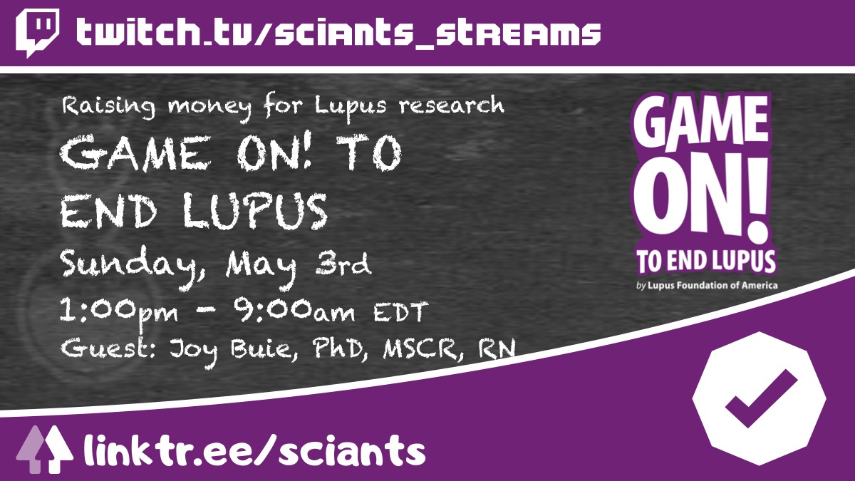 SciAnts_Media's tweet image. We are live today with @LupusOrg  ’s VP of Research, Joy Buie  (2pm for interview EDT) for a real conversation about the science of #lupus and LFA research as we raise money for science!

@tiltify link: tilt.fyi/A8YwXeChIn
twitch.tv/sciants_streams