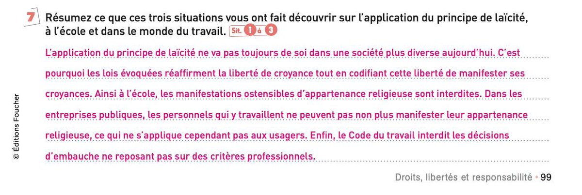 JinaneHN6's tweet photo. Quand je souhaite préparer un cours d’éducation morale et civique à mes élèves de CAP et que je tombe sur ça.. Le manuel Foucher,  validé par l’Education nationale, légitime les lois islamophobes, la traque des jeunes élèves musulmanes ou assimilées comme telle ou encore le licenciement de soignantes pour avoir porté une charlotte. Scandaleux. 

Ils veulent qu’on discipline nos élèves à toutes ces mesures islamophobes et racistes qui ne cessent de se multiplier ces dernières années et qui les frappent en premier lieu. À l’inverse, on se tiendra toujours du côté de nos élèves, de leurs familles, contre le racisme d’Etat.