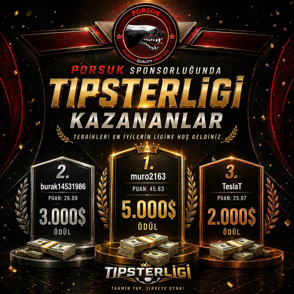 TipsterLigi's tweet photo. 418 Katılımcımızın hepsine ayrı ayrı teşekkür ederiz! 🥳

🥇Muro2163 - 45.63 
🥈Burak14531986 - 26.09
🥉TeslaT - 25.97 

Kazanan katılımcılarımızı tebrik eder başarılarının devamını dileriz! 🤩 https://t.co/gGEpjmDGJc