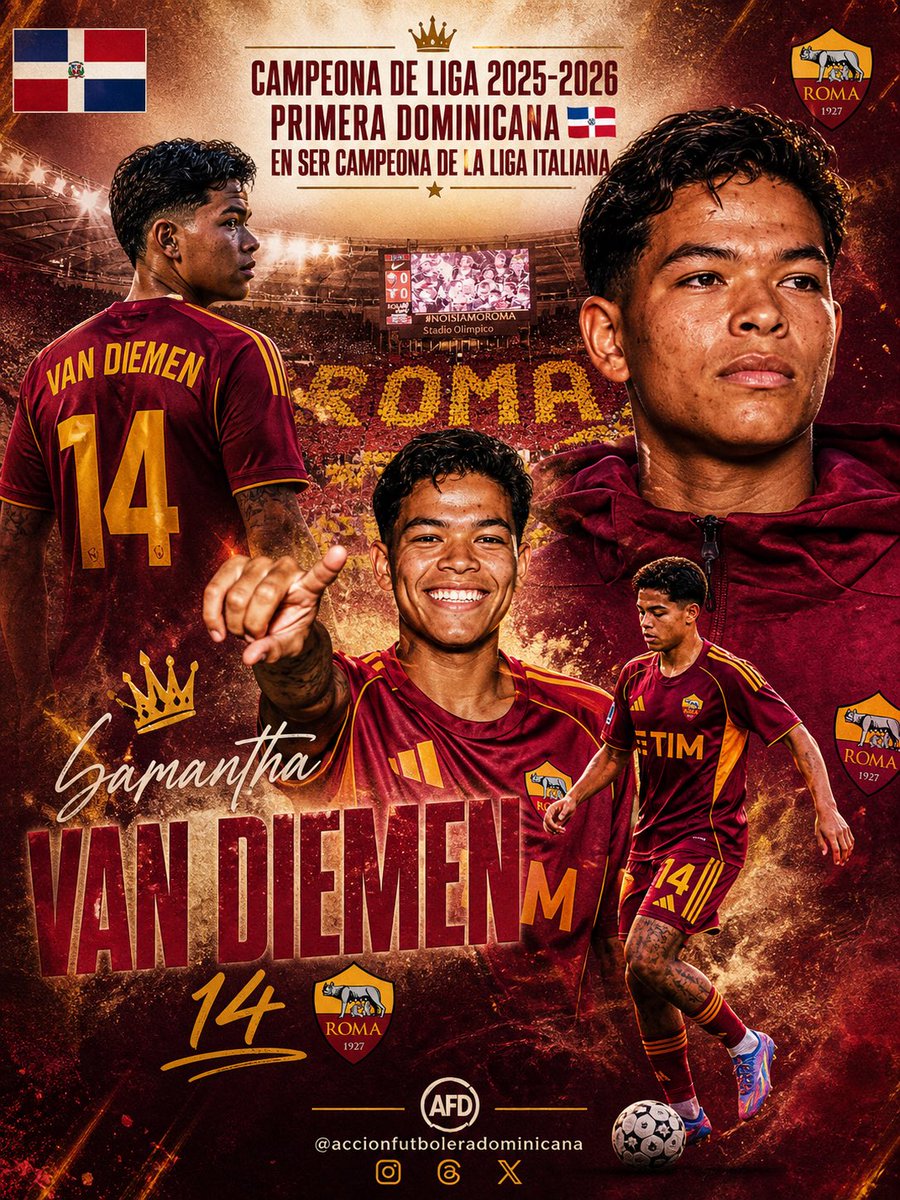 AFDOMINICANA's tweet photo. 🇩🇴🔥 HISTÓRICO: Samantha Van Diemen es campeona de la liga italiana 2025-2026 con la AS Roma, convirtiéndose en la primera dominicana en lograrlo 🇮🇹🏆

La defensorallegó en 2025 y forma parte de un proyecto ganador que sigue marcando época en Italia.

Orgullo quisqueyano 🇩🇴 https://t.co/Tg1eLaXrYm