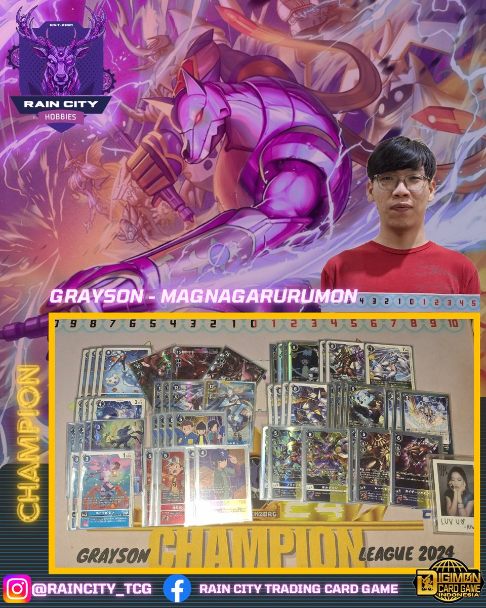 KarsyahHidayat's tweet image. Rain City
Digimon Card Game
Online Tournament

03 MAY 2026
6 Tamers - BO1

Congratulation !!!!
1st. GRAYSON - MAGNAGARURUMON DECK
2nd. REUGE - ROYAL KNIGHTS DECK

Discord :
discord.gg/UndQnUZkTv

#digimon #digimoncardgame #デジカ #デジモンカードゲーム #デジモン