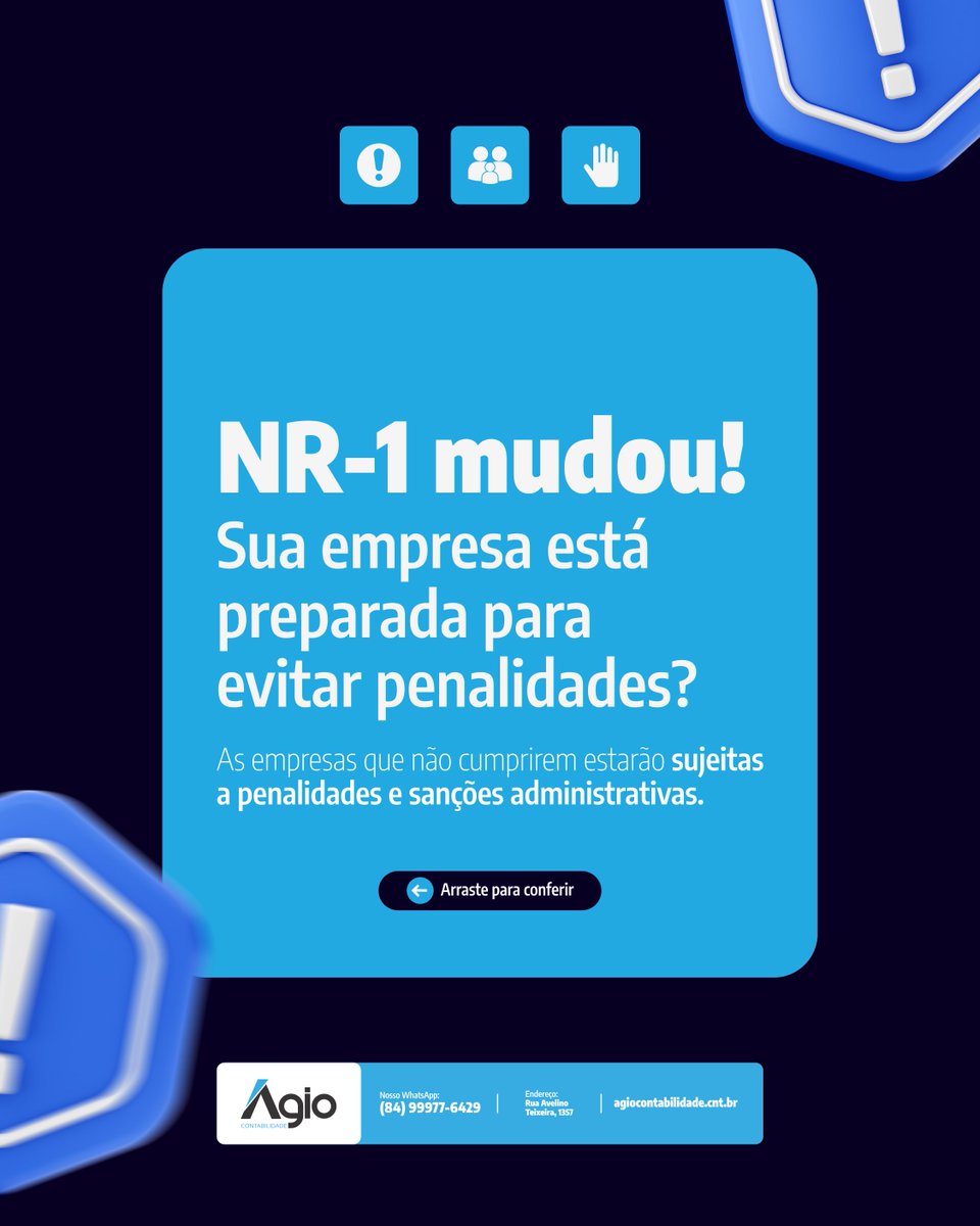 AgioContabil's tweet photo. NR-1 atualizada ⚠️

Empresas têm até 26/05 para se adequar

Saúde mental agora também é obrigação legal

#NR1 #Empresas https://t.co/hZ4s8A8YDG