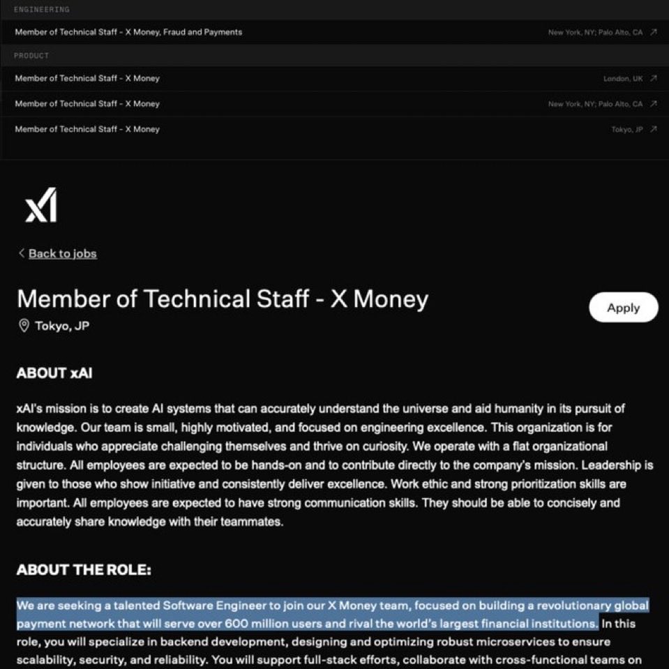 naturalviewpro1's tweet photo. 𝕏 MONEY IS HIRING WORLDWIDE.

@xai is hiring Members of Technical Staff in various locations including London and Tokyo offices, aiming to roll out @XMoney to its worldwide users.

In the job description, xAI states that 
"We are seeking a talented Software Engineer to join our X Money team, focused on building a revolutionary global payment network that will serve over 600 million users and rival the world’s largest financial institutions."

This will be huge.