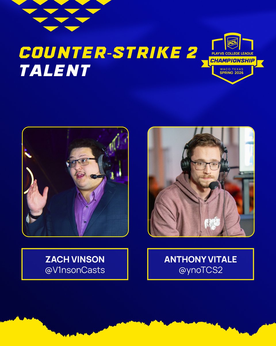 playvs_college's tweet photo. Vinson & Vitale have a nice ring to it, and they covering our #PCLChamps CS2 semifinals now. ๐๏ธ
Don't miss out! https://t.co/mQ5aVCAaWV https://t.co/YXX2phQ43U