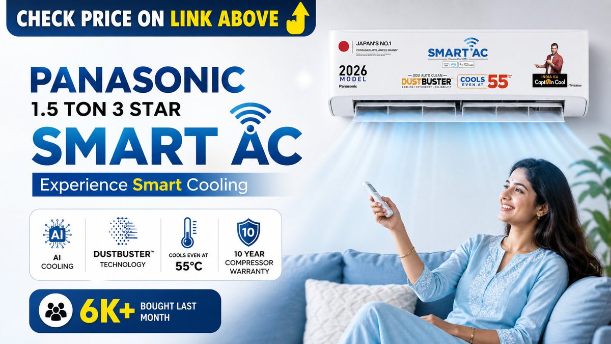 SSS_LifeHacks's tweet image. 🔗 Check Price Here: amzn.to/4elkpMV

Experience smart cooling with Panasonic 1.5 Ton 3 Star Smart AC! ❄️ 6K+ bought last month! Enjoy AI cooling, DustBuster tech &amp;amp; 10yr compressor warranty. ✨ #ad #Panasonic #SmartHome #Cooling
🔥 Limited time deal available on Amazon!
