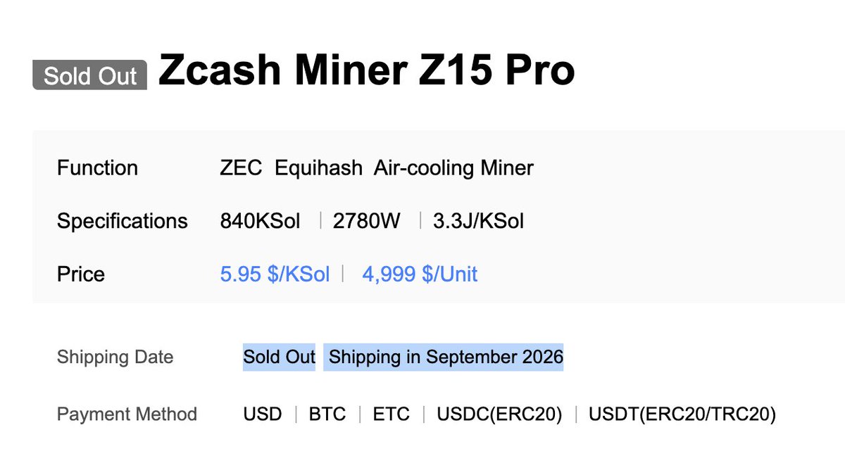 txds_'s tweet image. Zcash miners sold out until September 2026 btw