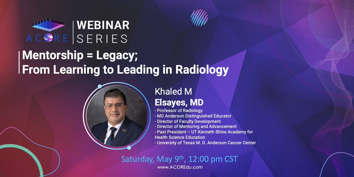 ACOREdu's tweet image. ⏳ May 9 is almost here.

Join Dr. Khaled Elsayes in one of the most anticipated lectures on mentorship in radiology.

Mentorship = Legacy

📅 Saturday, May 9th
🕒 12:00 PM CST

🎯 Save your spot:
us02web.zoom.us/webinar/regist…

#Radiology #NuclearMedicine #MedEd #RadiologyEducation