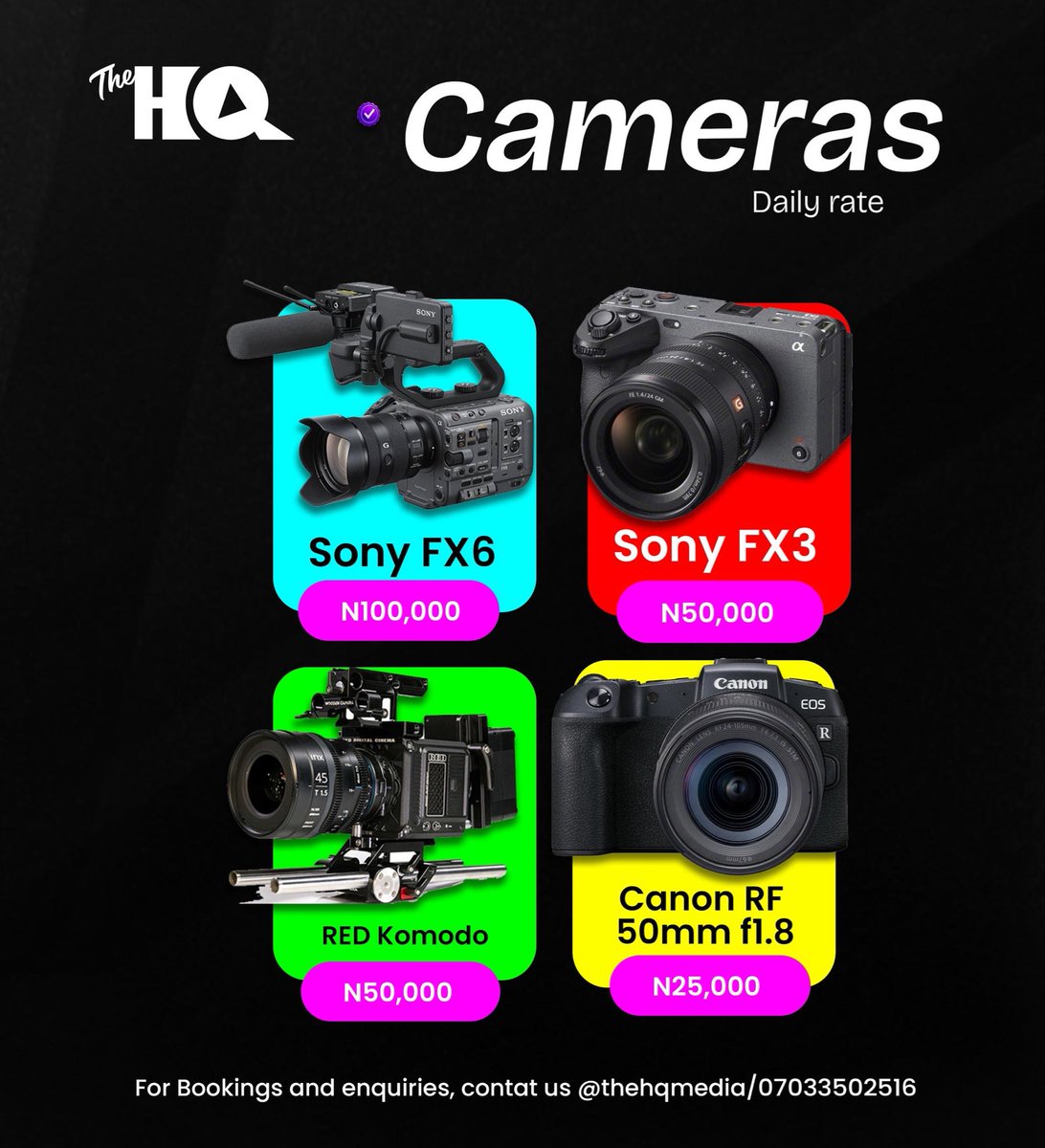 TheHQspotlight's tweet image. Looking for where to rent pro grade cameras and lights?

Send us a dm 🤩

#camera #photography #abuja